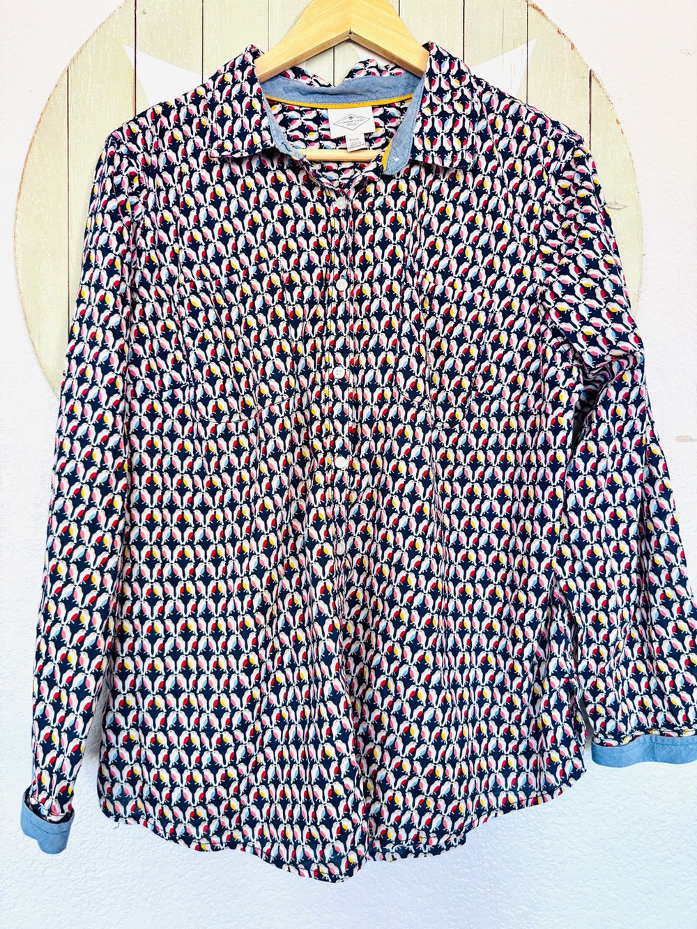 St Johns bay cotton lovebird button up womens blouse